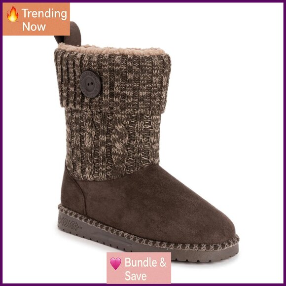 Women's Water-Resistant Knit Boots with Faux Fur Lining & Button Detail